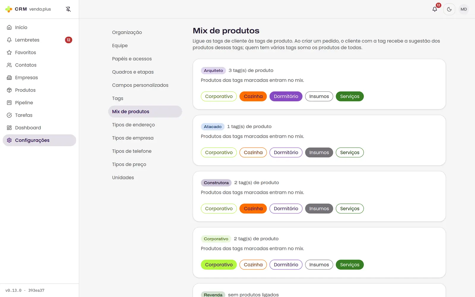 Tela de configuração do mix de produtos, ligando tags de cliente a tags de produto.