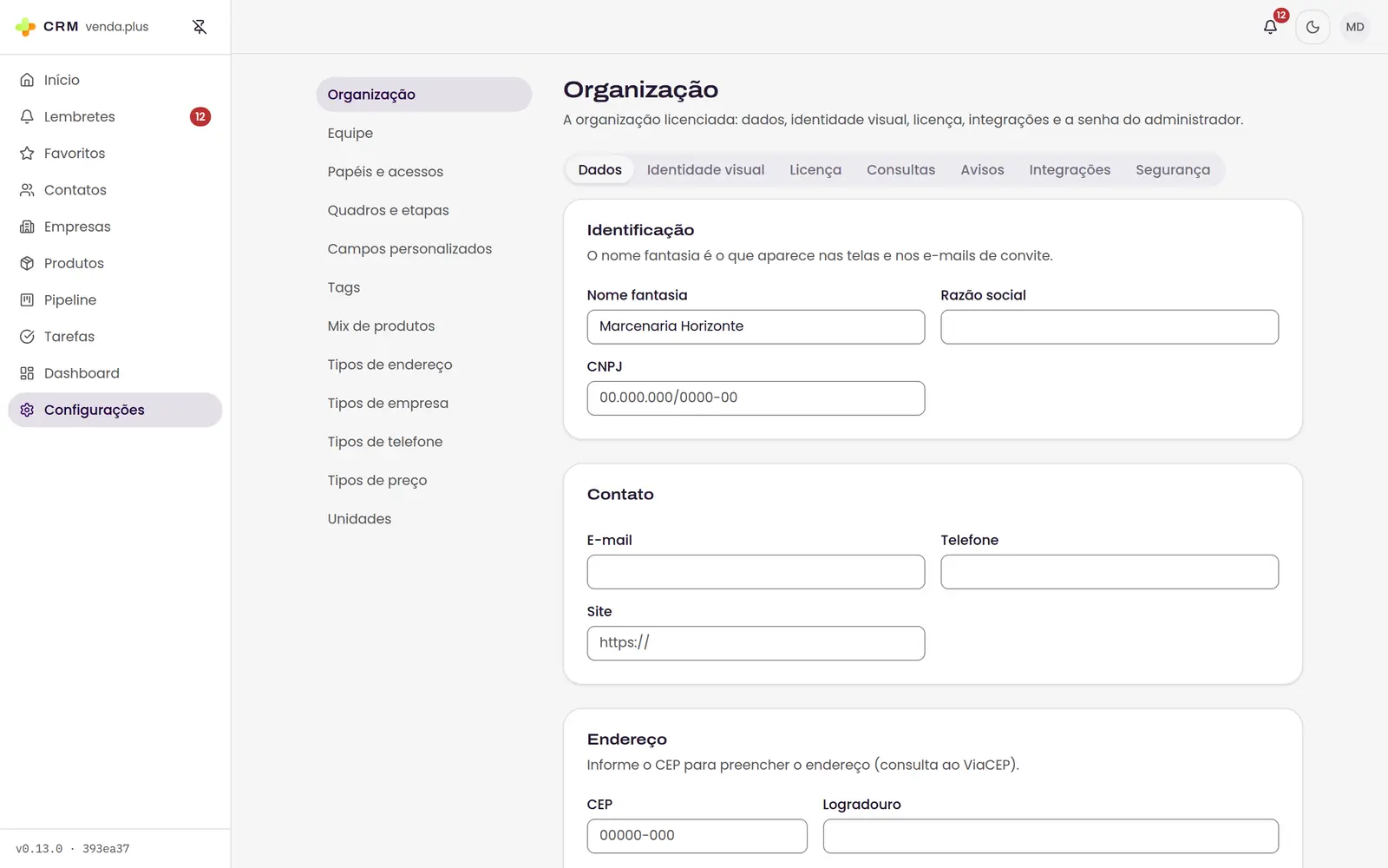 Tela de dados da organização, com identificação, contato e endereço preenchido pela consulta de CEP.