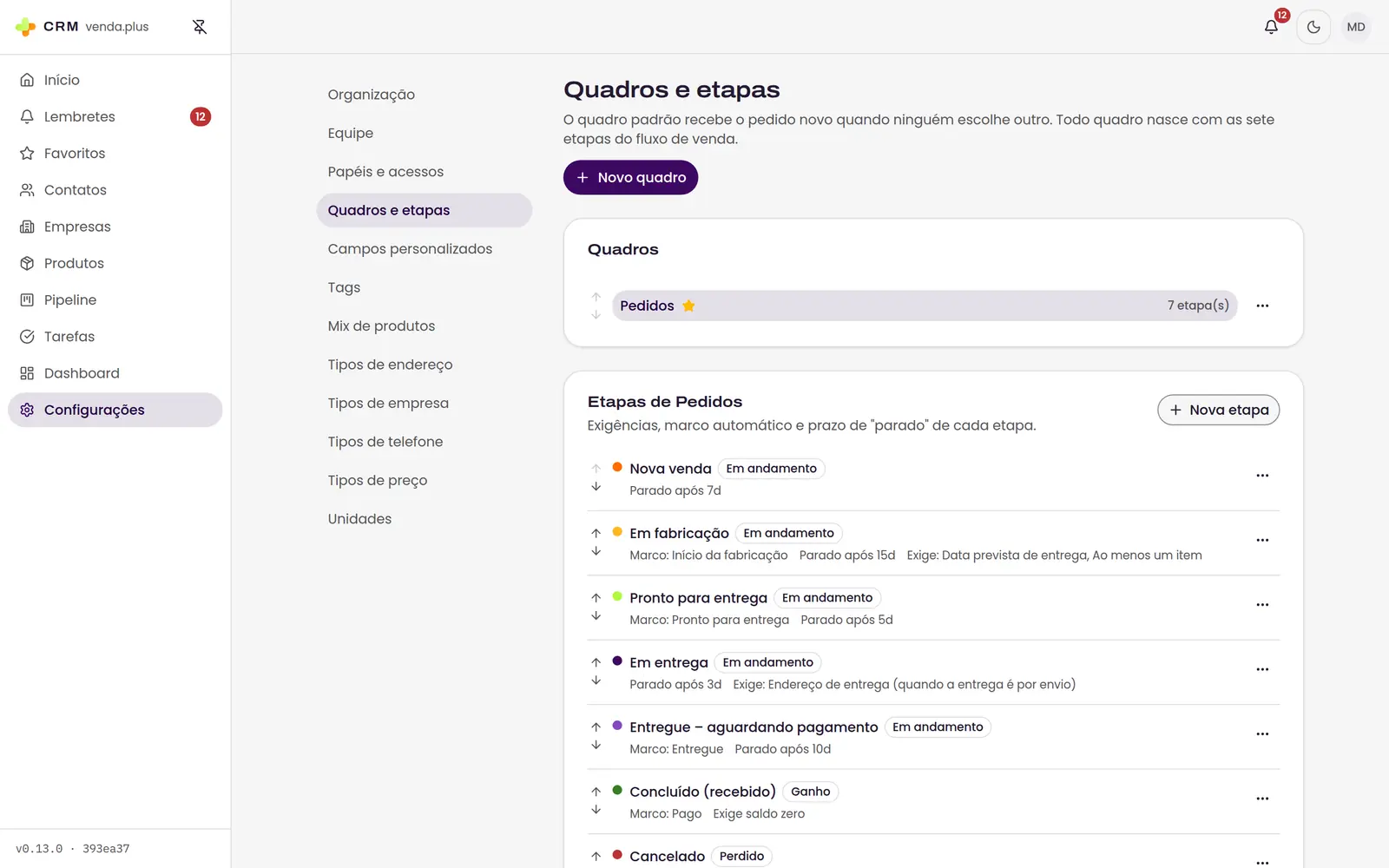Tela de configuração de quadros e etapas, com a lista de etapas e as regras de cada uma: tipo, marco, campos exigidos e prazo de parado.