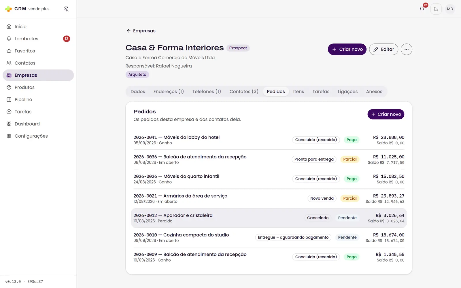 Aba de pedidos de uma empresa, listando os pedidos dela com etapa, valor e saldo.