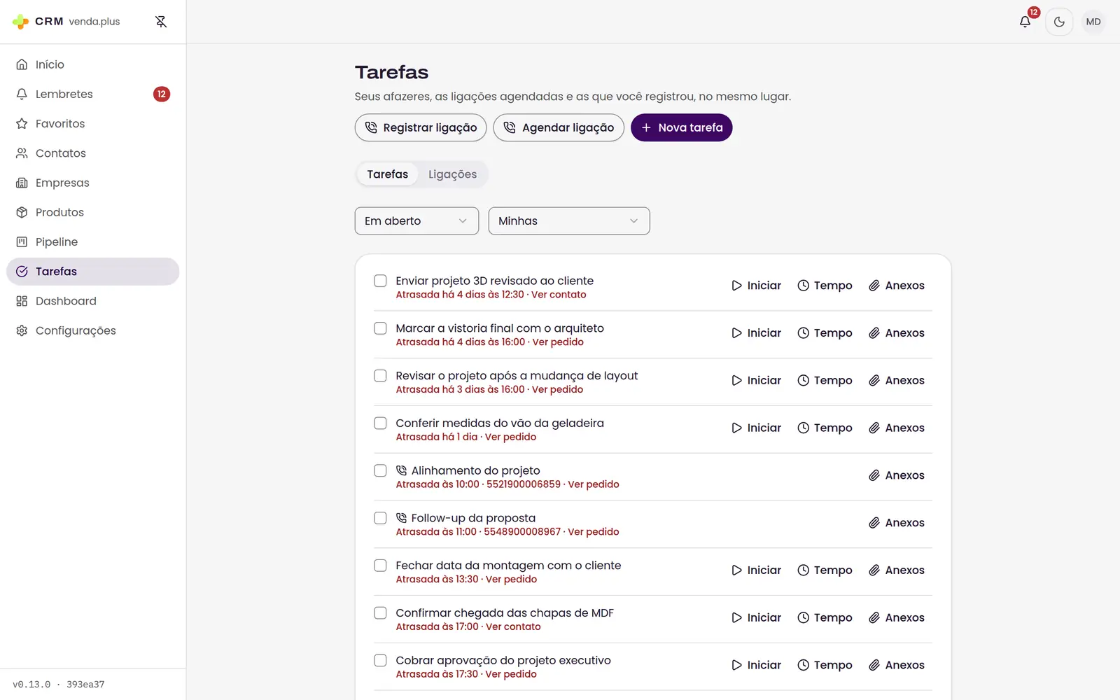 Página de tarefas com abas de tarefas e de ligações, filtros por responsável e por situação.